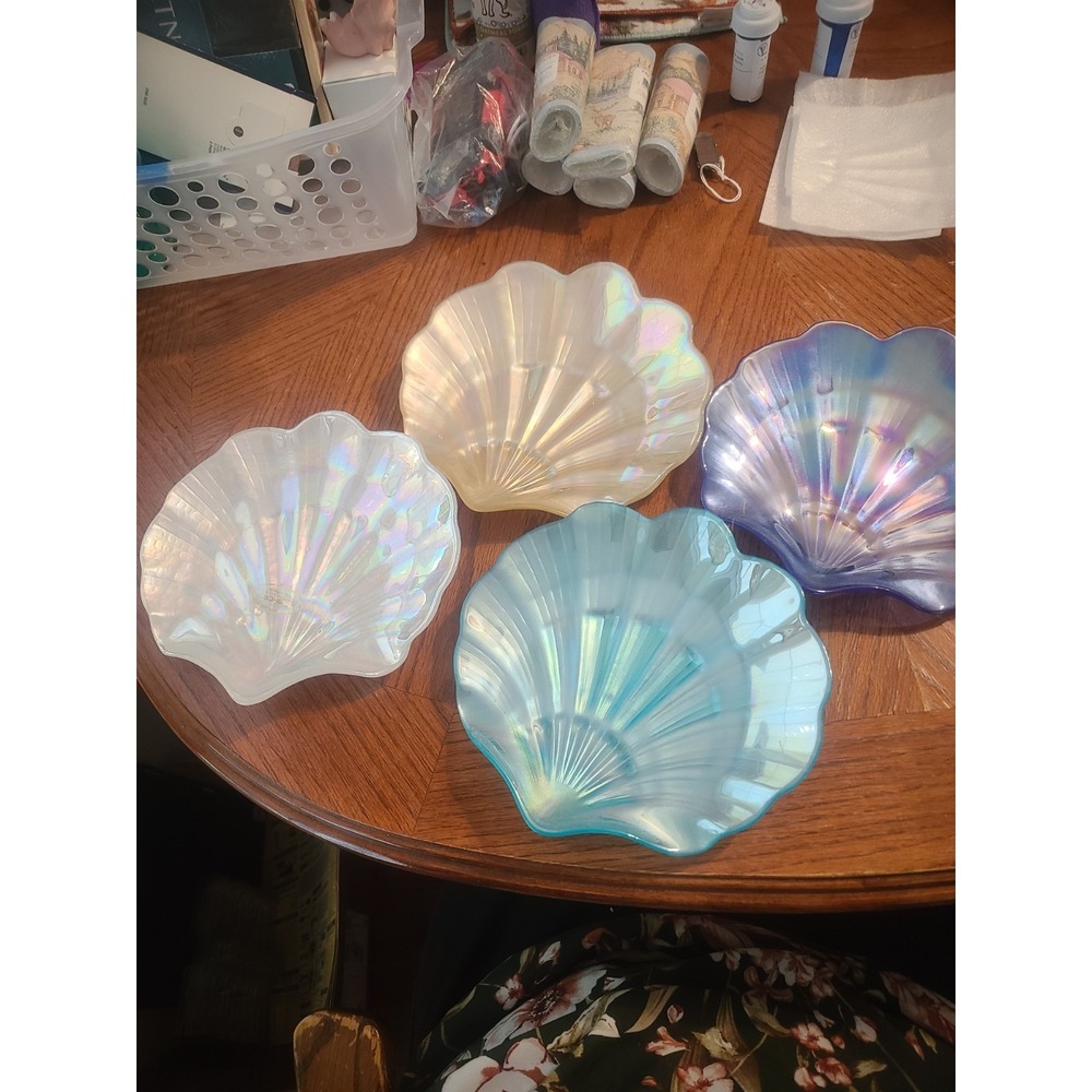 Akcam Turkish Art Glass Iridescent Oyster Shell Decorative Dishes Set of 4 Paste